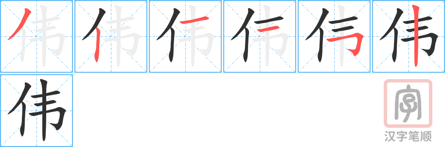 《伟》的笔顺分步演示（一笔一画写字）