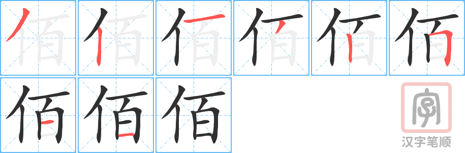 《佰》的笔顺分步演示（一笔一画写字）