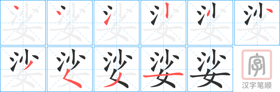 《娑》的笔顺分步演示（一笔一画写字）