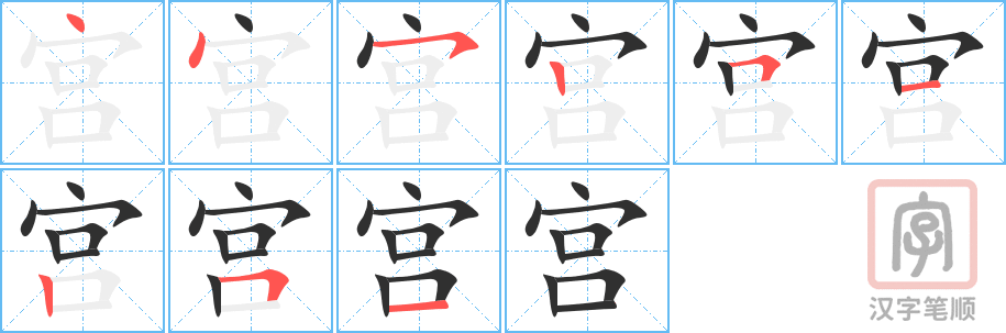 《宫》的笔顺分步演示（一笔一画写字）