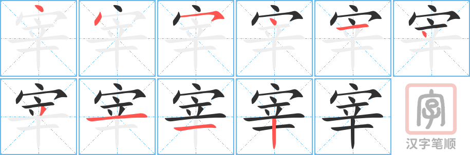 《宰》的笔顺分步演示（一笔一画写字）