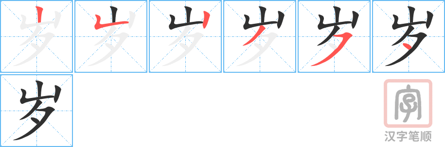 《岁》的笔顺分步演示（一笔一画写字）