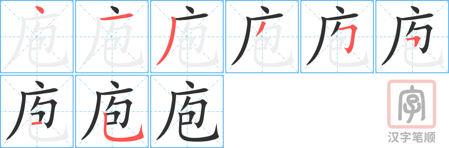 《庖》的笔顺分步演示（一笔一画写字）
