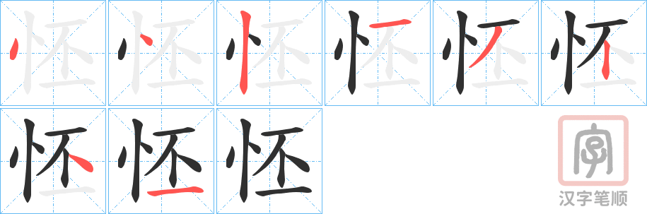 《怌》的笔顺分步演示（一笔一画写字）