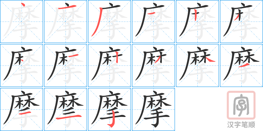 《摩》的笔顺分步演示（一笔一画写字）
