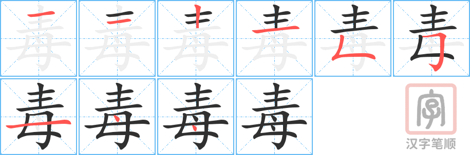 《毒》的笔顺分步演示（一笔一画写字）