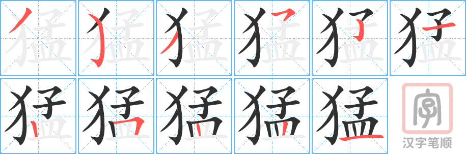 《猛》的笔顺分步演示（一笔一画写字）