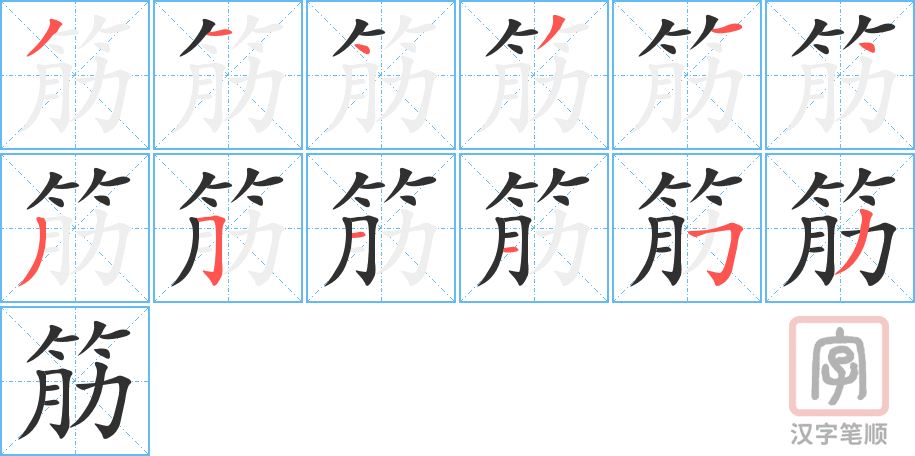 《筋》的笔顺分步演示（一笔一画写字）