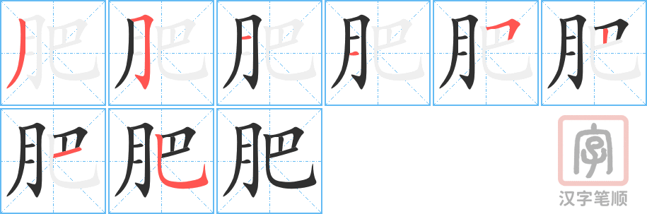 《肥》的笔顺分步演示（一笔一画写字）