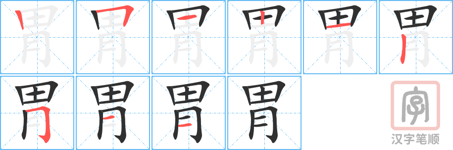 《胃》的笔顺分步演示（一笔一画写字）