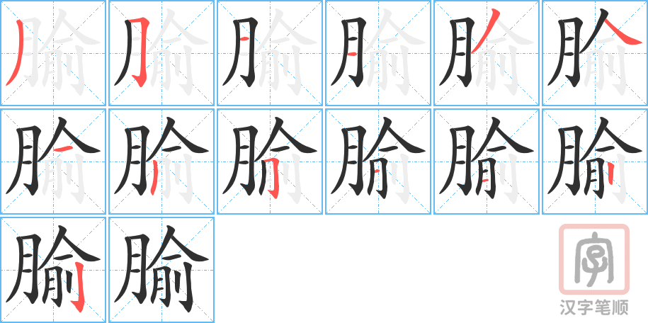 《腧》的笔顺分步演示（一笔一画写字）