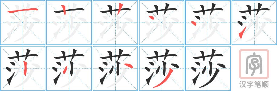 《莎》的笔顺分步演示（一笔一画写字）
